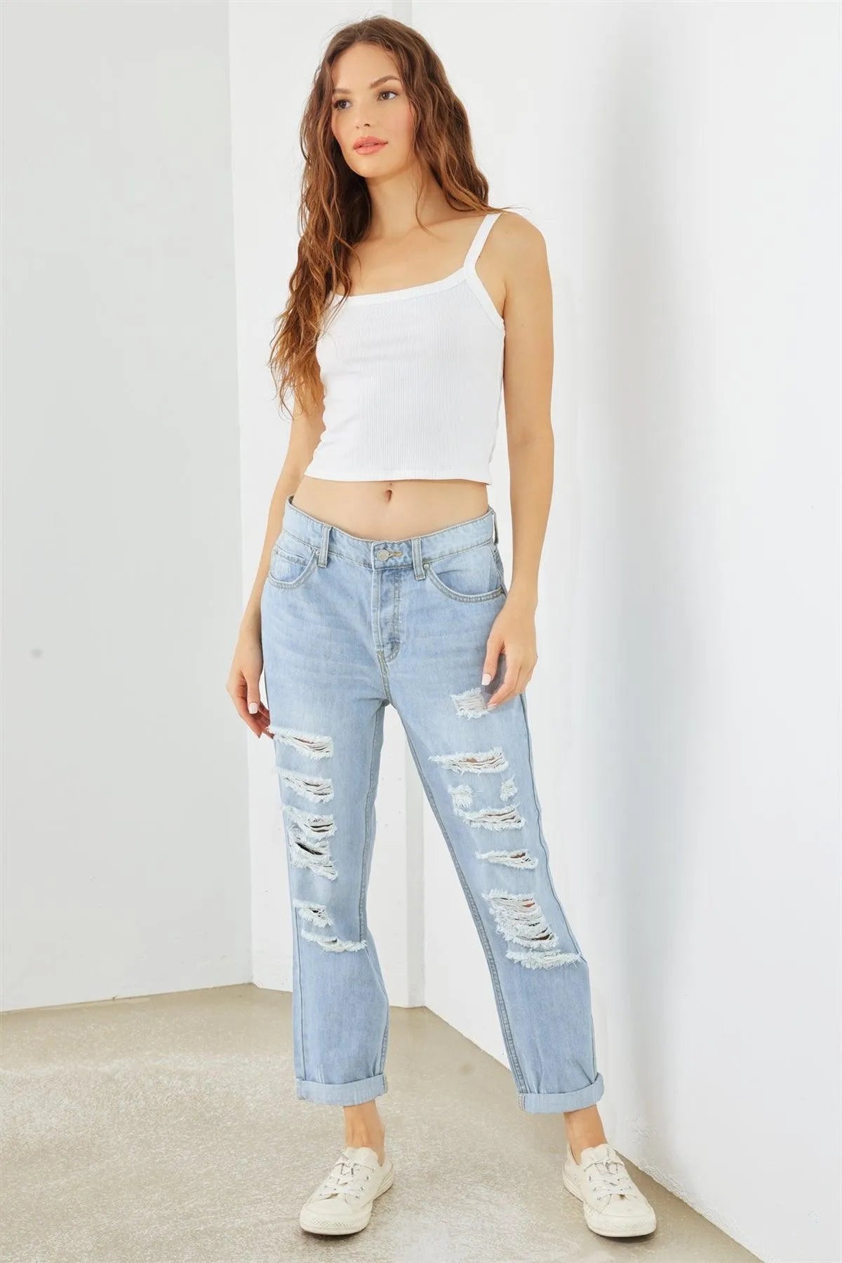 Blue Denim Cotton Ripped High Waist Jeans - Tasha Apparel Wholesale