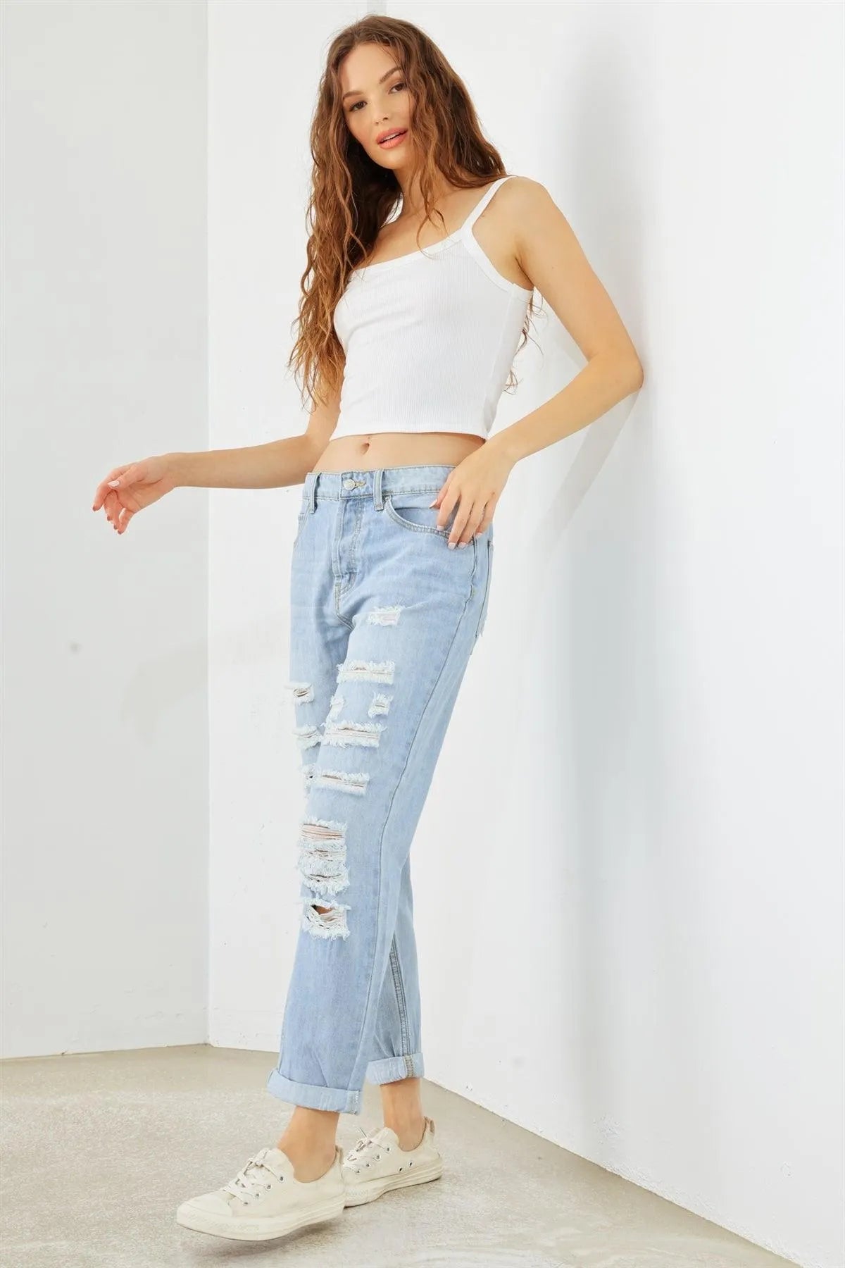 Blue Denim Cotton Ripped High Waist Jeans - Tasha Apparel Wholesale