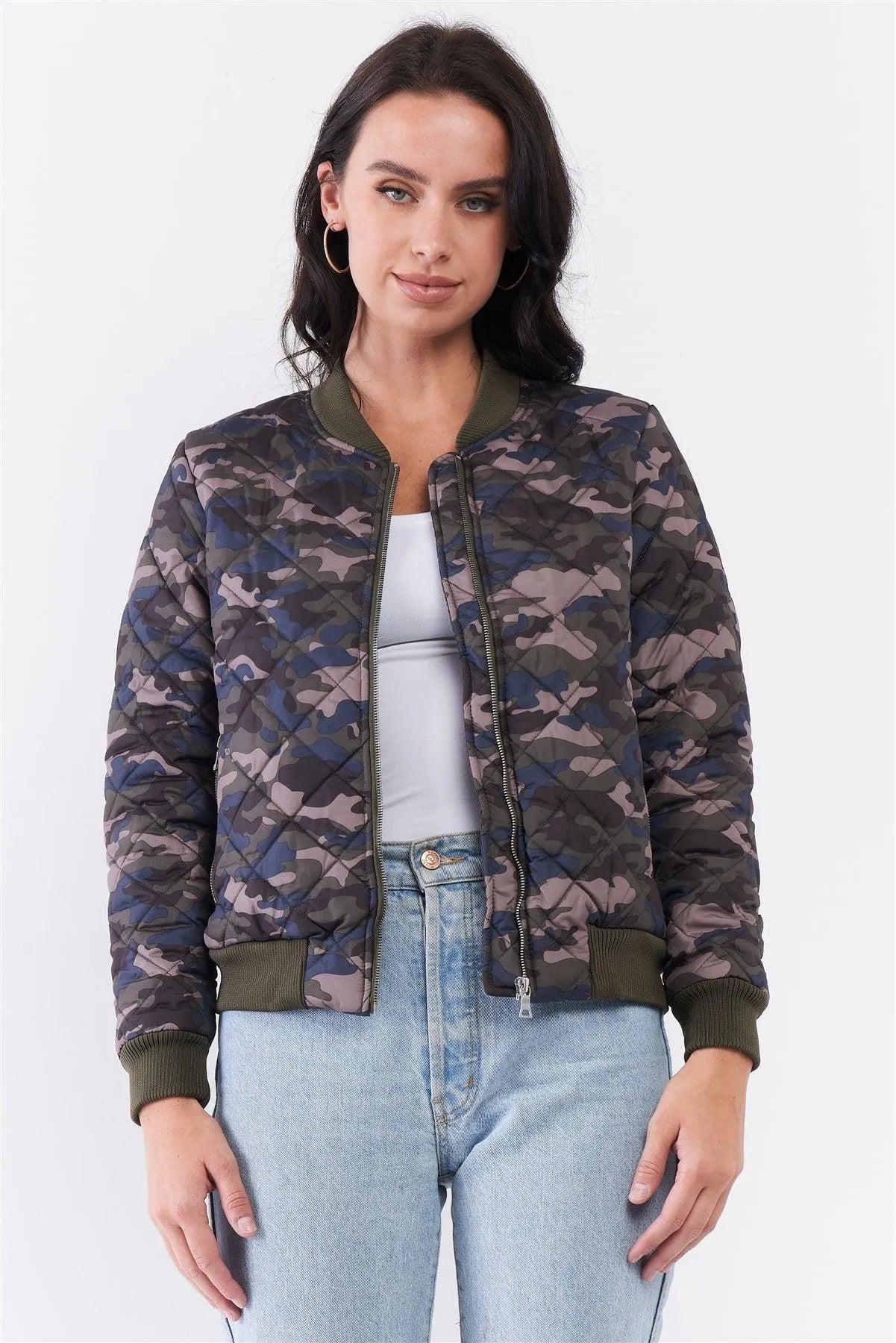 Olive Camo Print Quilted Puff Sleeve Front Zip-Up Winter Jacket - Tasha Apparel Wholesale