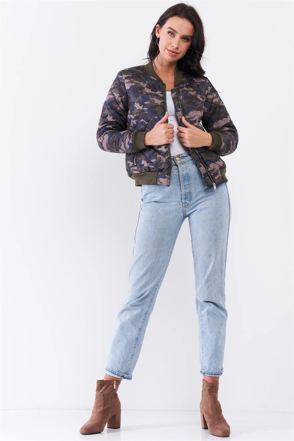 Olive Camo Print Quilted Puff Sleeve Front Zip-Up Winter Jacket - Tasha Apparel Wholesale