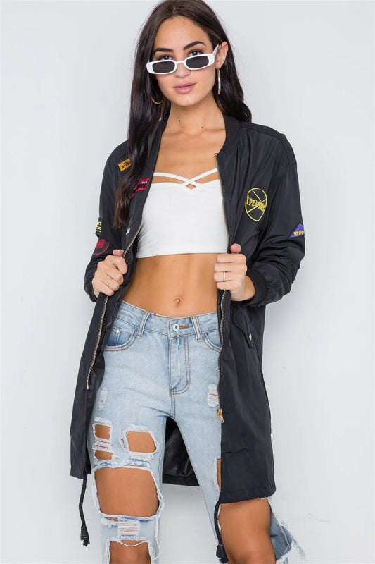 Black Graphic Patch Long Sleeve Bomber Jacket /2-2-2 - Tasha Apparel Wholesale