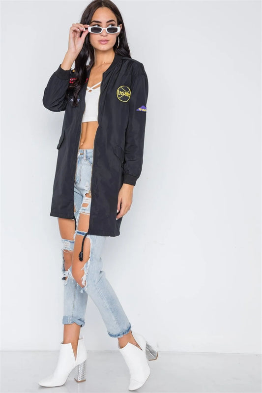 Black Graphic Patch Long Sleeve Bomber Jacket /4-2 - Tasha Apparel Wholesale