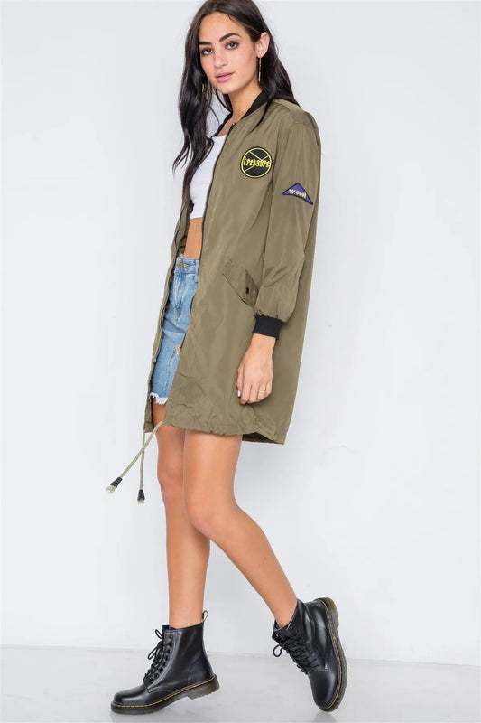 Olive Graphic Patch Long Sleeve Bomber Jacket /2-2-3 - Tasha Apparel Wholesale