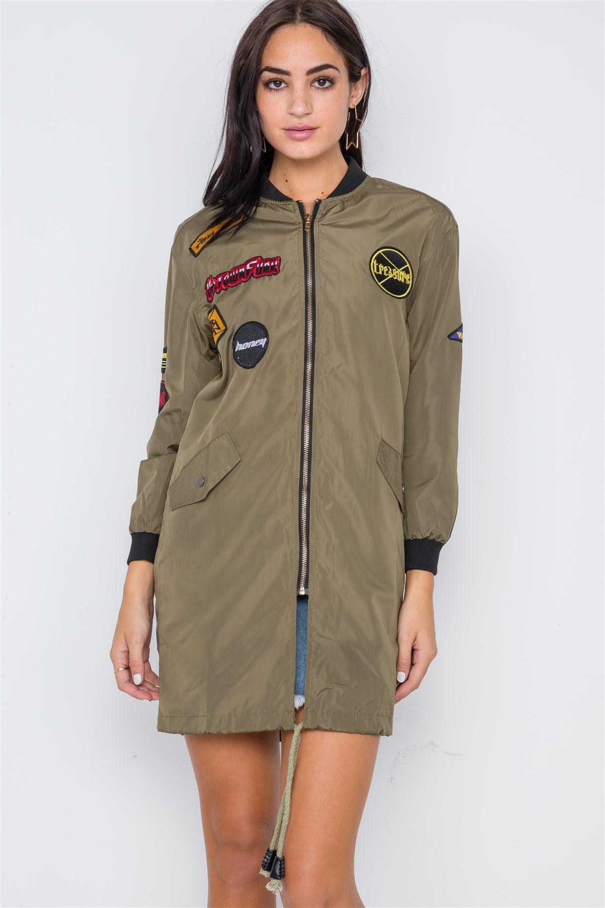 Olive Graphic Patch Long Sleeve Bomber Jacket /2-2-3