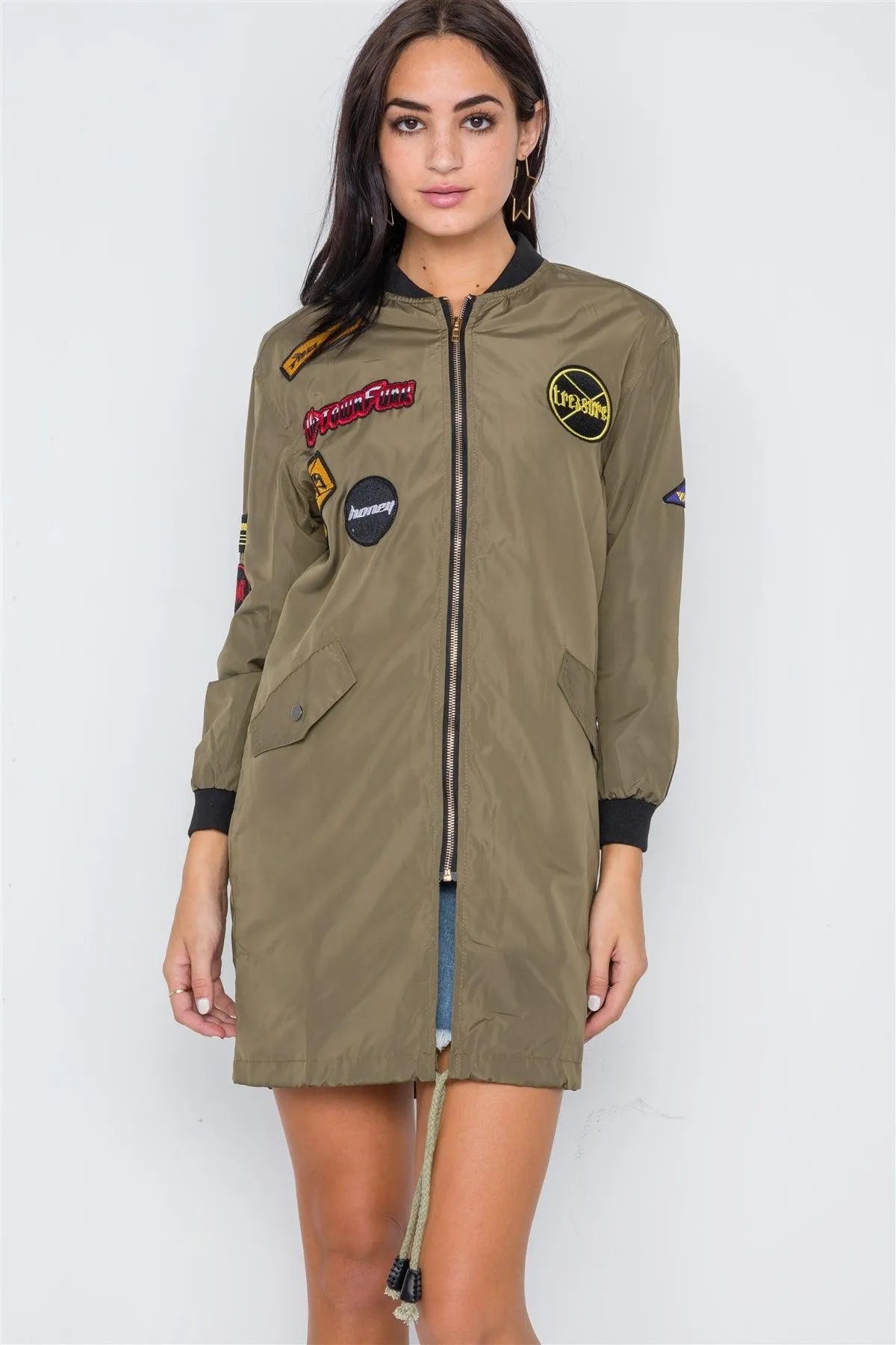 Olive Graphic Patch Long Sleeve Bomber Jacket /2-2-3 - Tasha Apparel Wholesale