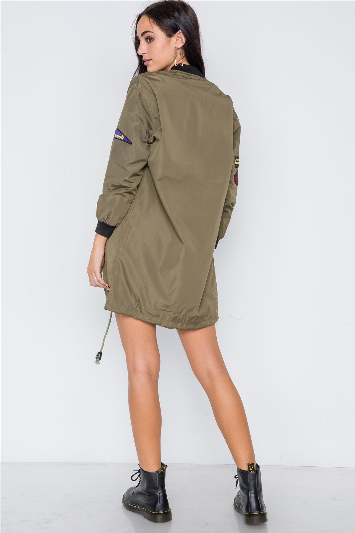 Olive Graphic Patch Long Sleeve Bomber Jacket /2-2-3