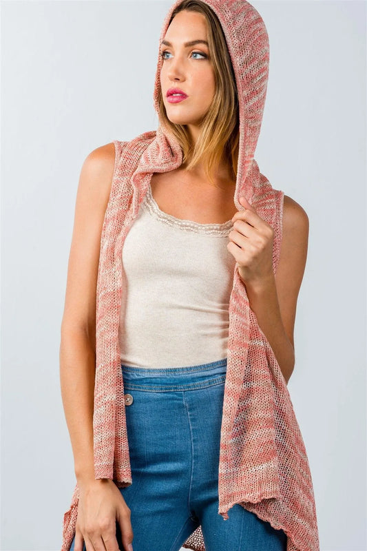Coral Open-Knit Hooded Open Front Cardigan / 2-2-2 - Tasha Apparel Wholesale