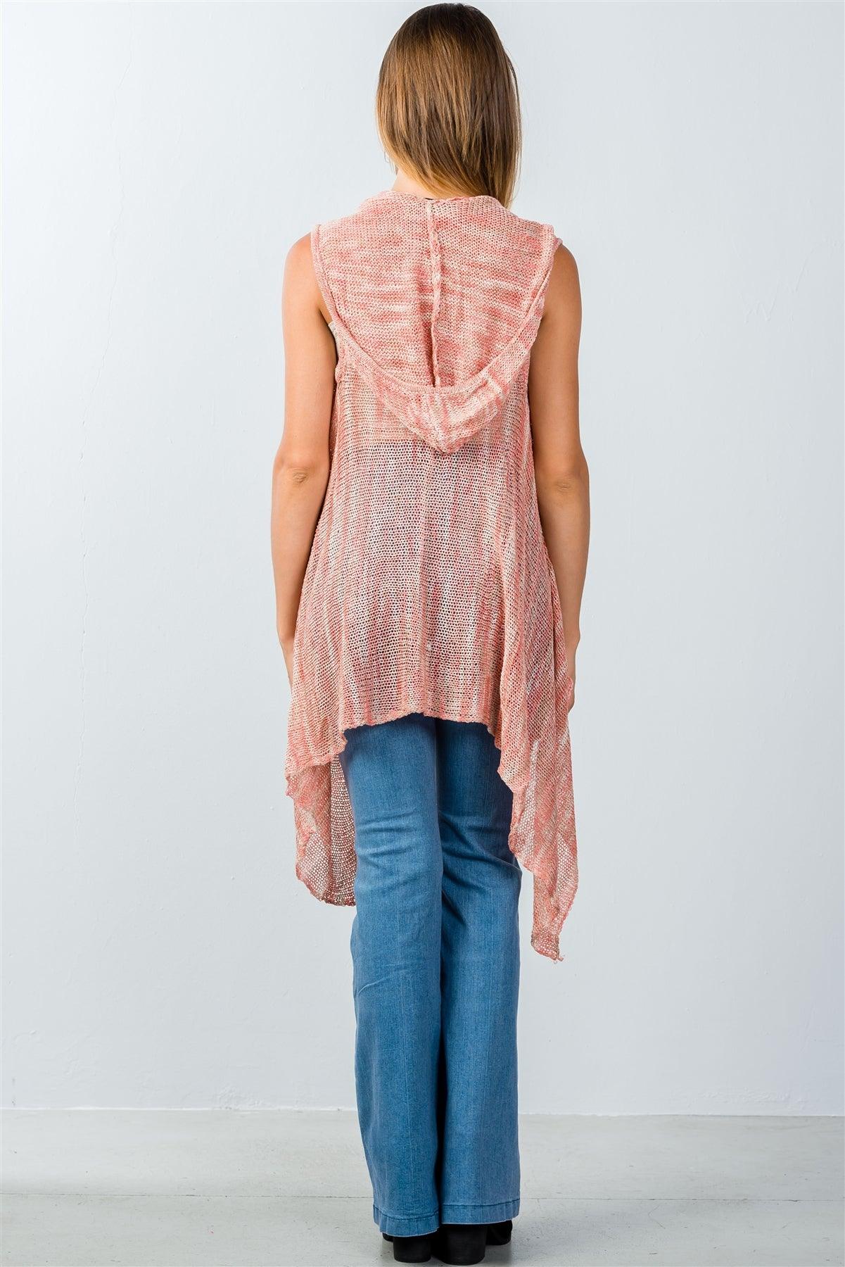 Coral Open-Knit Hooded Open Front Cardigan / 2-2-2