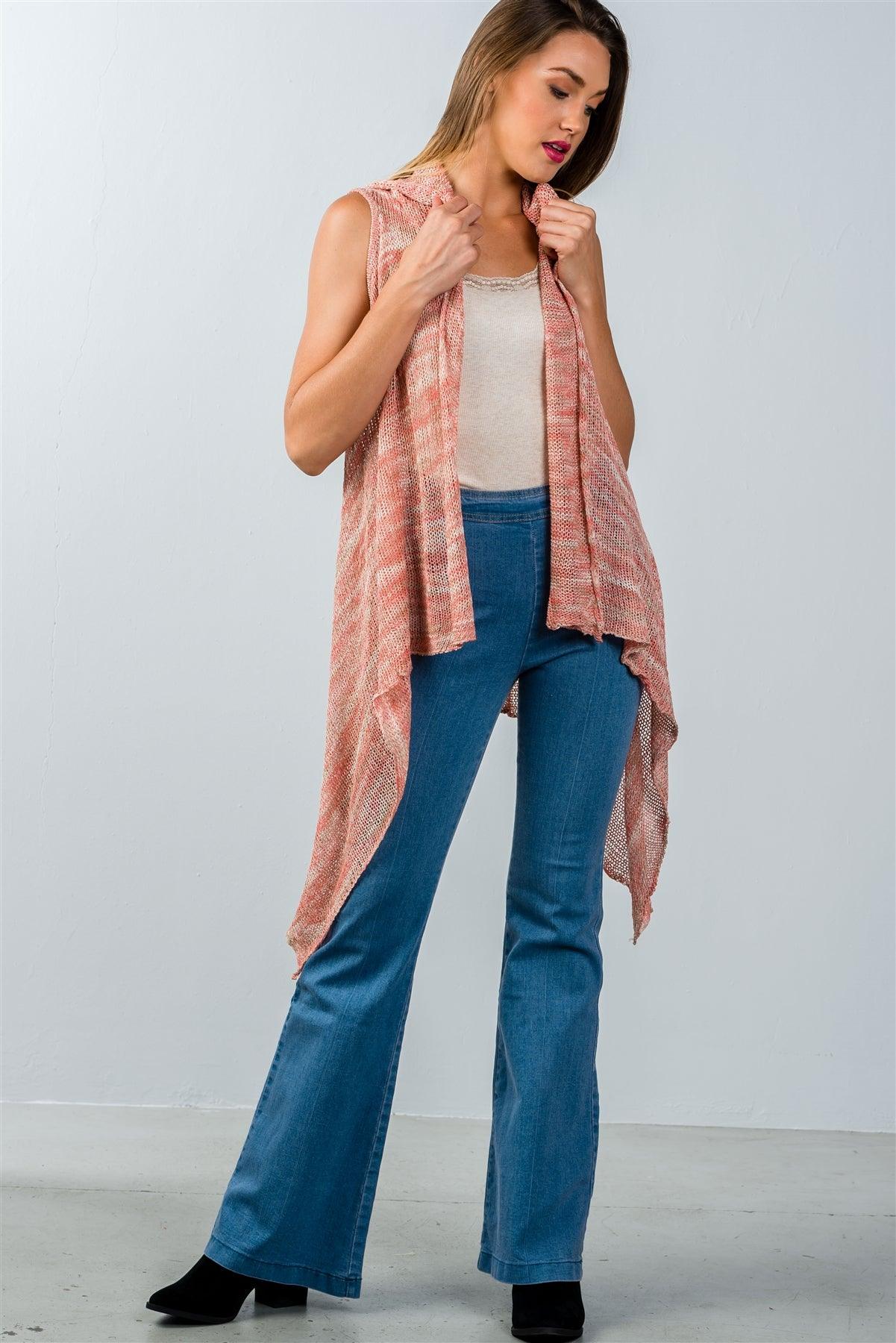 Coral Open-Knit Hooded Open Front Cardigan / 2-2-2