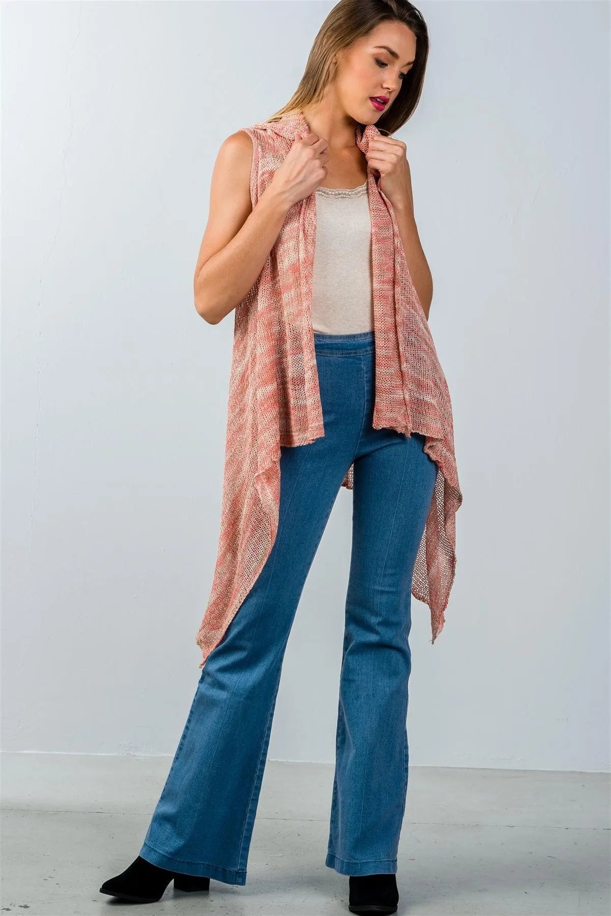Coral Open-Knit Hooded Open Front Cardigan / 2-2-2 - Tasha Apparel Wholesale