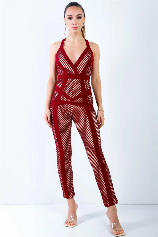 Burgundy Fishnet Nude Lining Back Crossover Straps Jumpsuit /3-2-1 - Tasha Apparel Wholesale