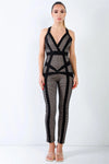 Black Fishnet Nude Lining Back Crossover Straps Jumpsuit /3-2-1 - Tasha Apparel Wholesale
