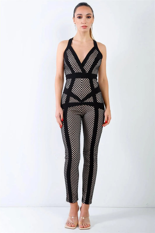 Black Fishnet Nude Lining Back Crossover Straps Jumpsuit /3-2-1 - Tasha Apparel Wholesale