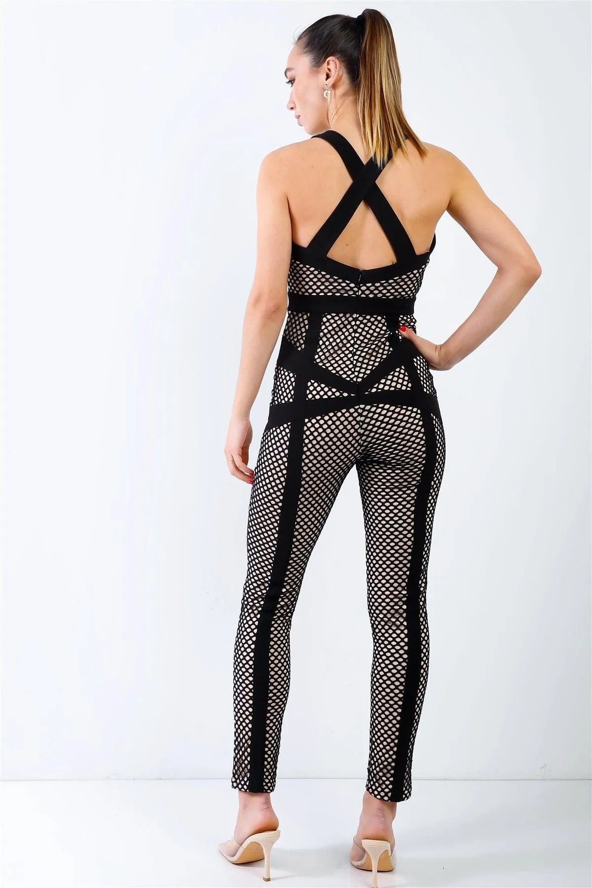 Black Fishnet Nude Lining Back Crossover Straps Jumpsuit /3-2-1 - Tasha Apparel Wholesale