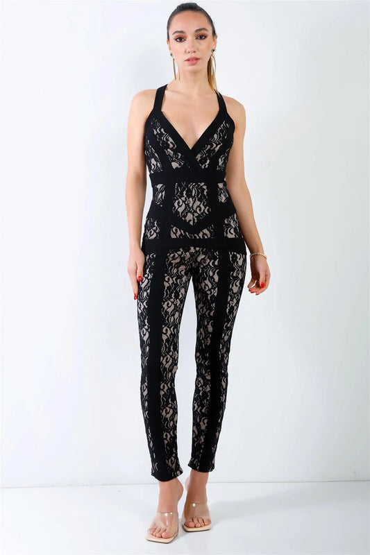 Black Lace Nude Lining Back Crossover Straps Jumpsuit /2-2-1 - Tasha Apparel Wholesale