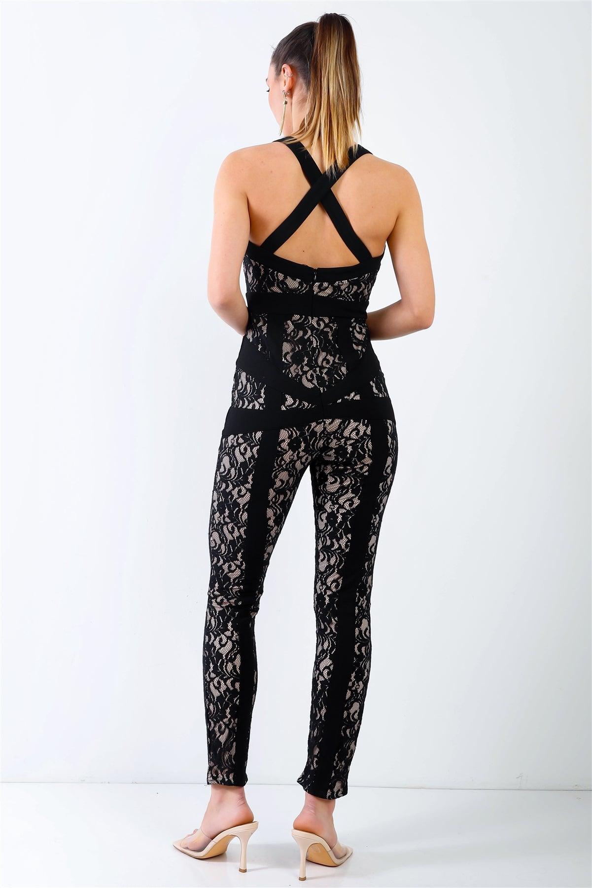 Black Lace Nude Lining Back Crossover Straps Jumpsuit /3-2-1