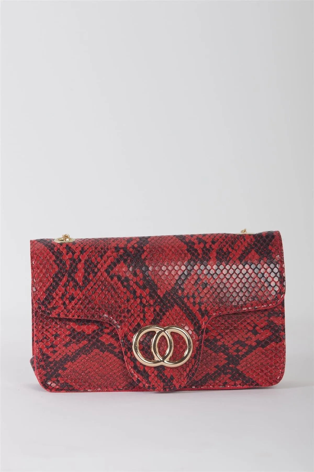 Red Faux Snake Leather Metal Rings Gold Chain Crossbody Bag /3 Bags - Tasha Apparel Wholesale