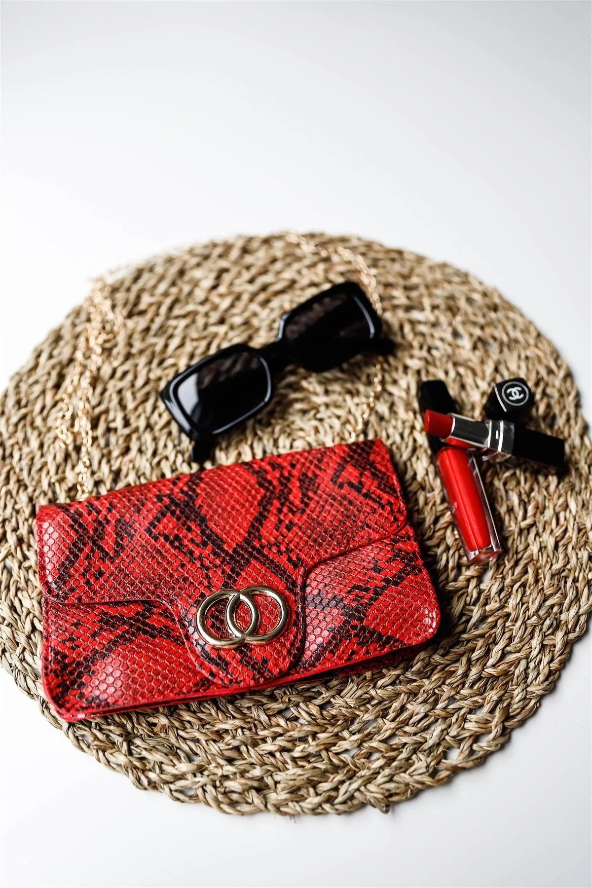 Red Faux Snake Leather Metal Rings Gold Chain Crossbody Bag /3 Bags - Tasha Apparel Wholesale