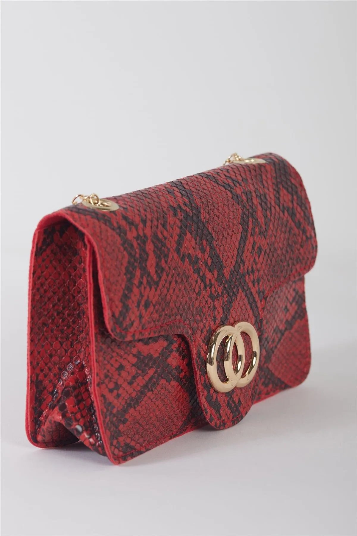 Red Faux Snake Leather Metal Rings Gold Chain Crossbody Bag /3 Bags - Tasha Apparel Wholesale