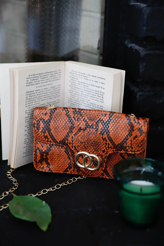Rust Faux Snake Leather Metal Rings Gold Chain Crossbody Bag /3 Bags - Tasha Apparel Wholesale