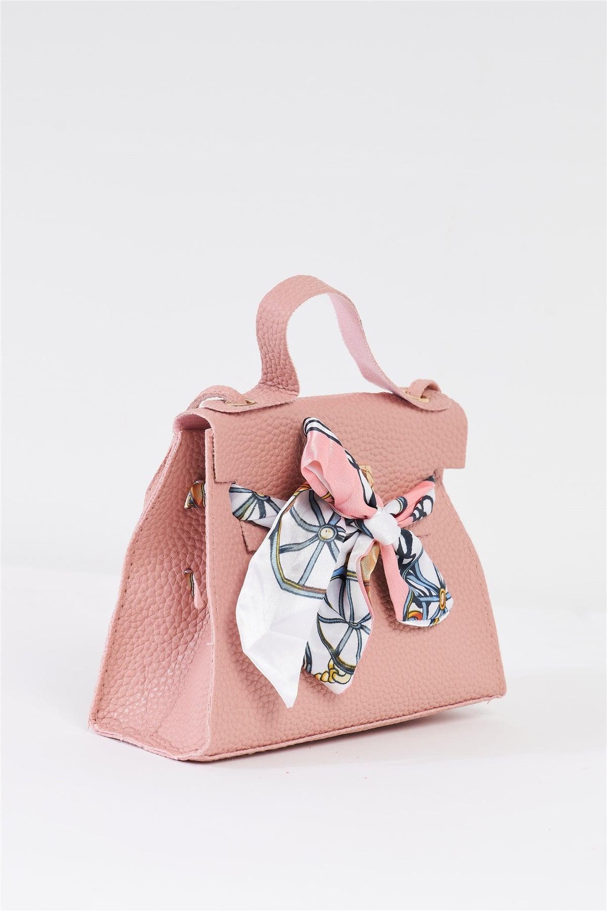Mauve Textured Pleather Satin Printed Twilly Scarf Detail Flap Satchel Handbag /3 Bags