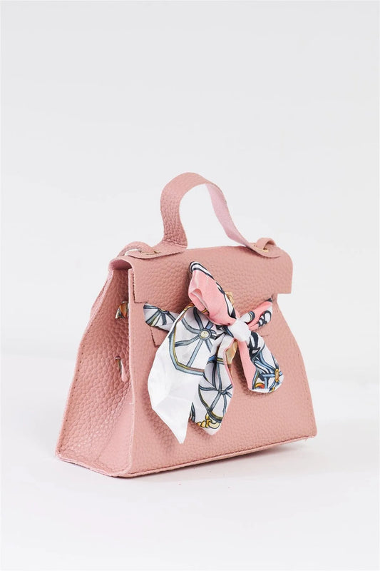 Mauve Textured Pleather Satin Printed Twilly Scarf Detail Flap Satchel Handbag /3 Bags - Tasha Apparel Wholesale