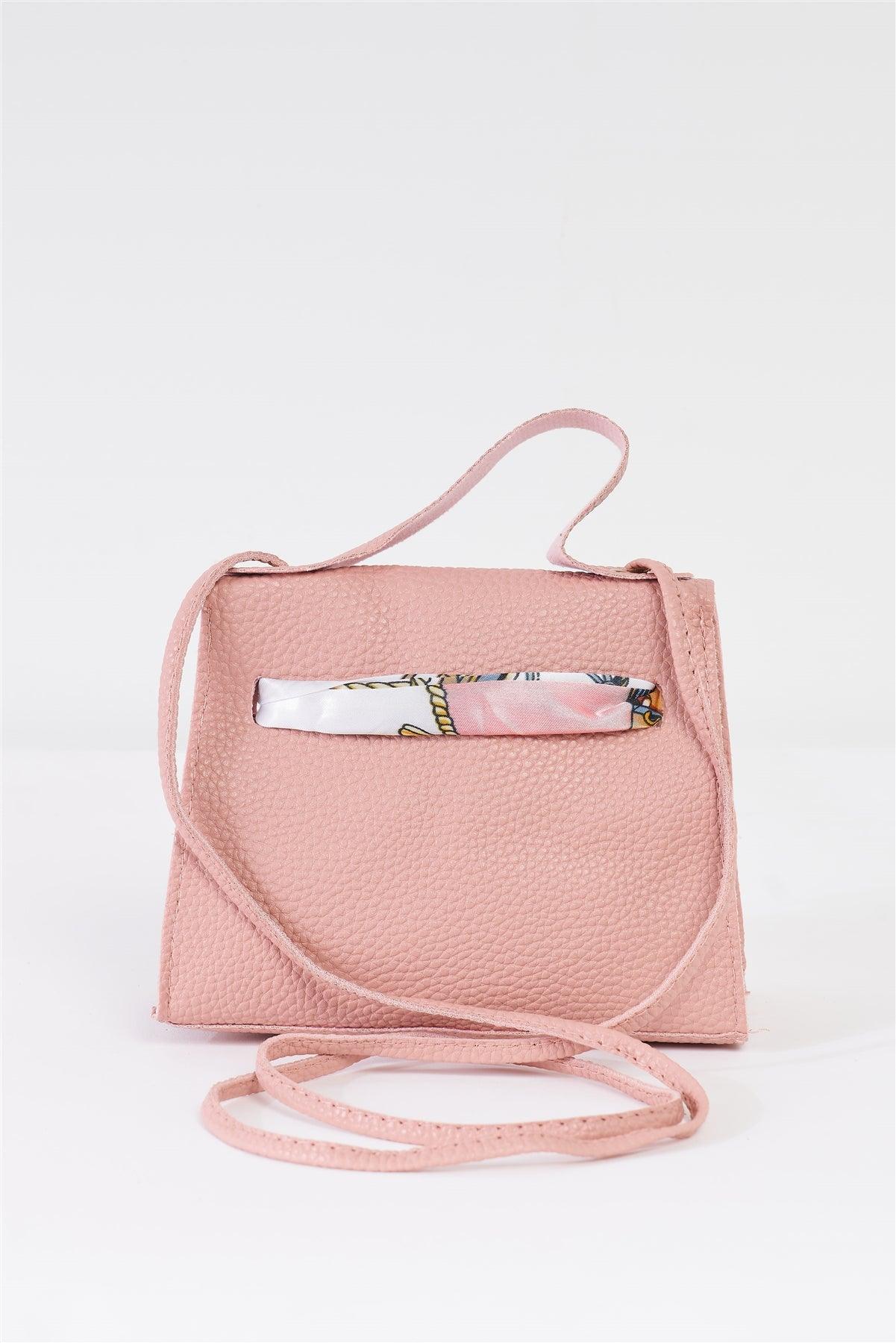 Mauve Textured Pleather Satin Printed Twilly Scarf Detail Flap Satchel Handbag /3 Bags