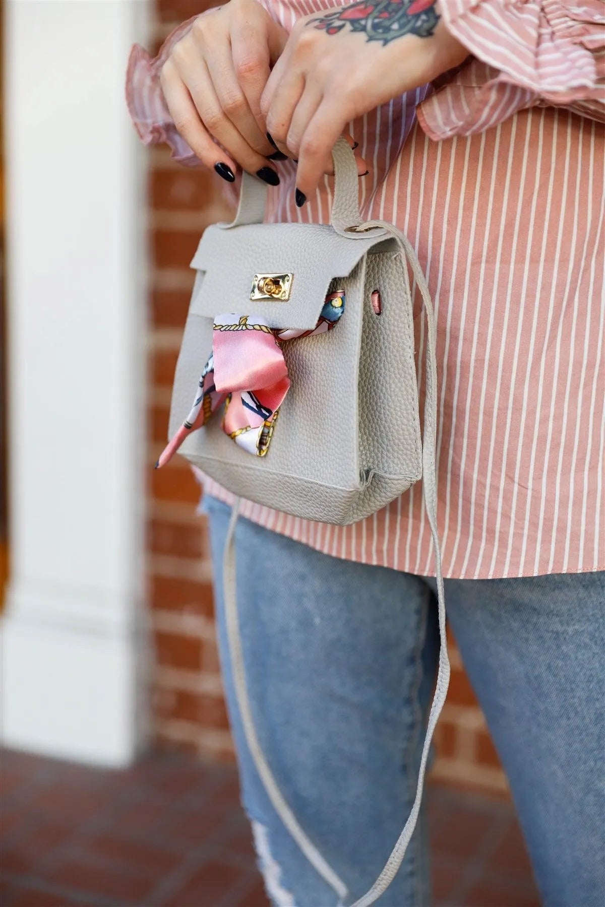 Grey Textured Pleather Satin Printed Twilly Scarf Detail Flap Satchel Handbag /3 Bags - Tasha Apparel Wholesale