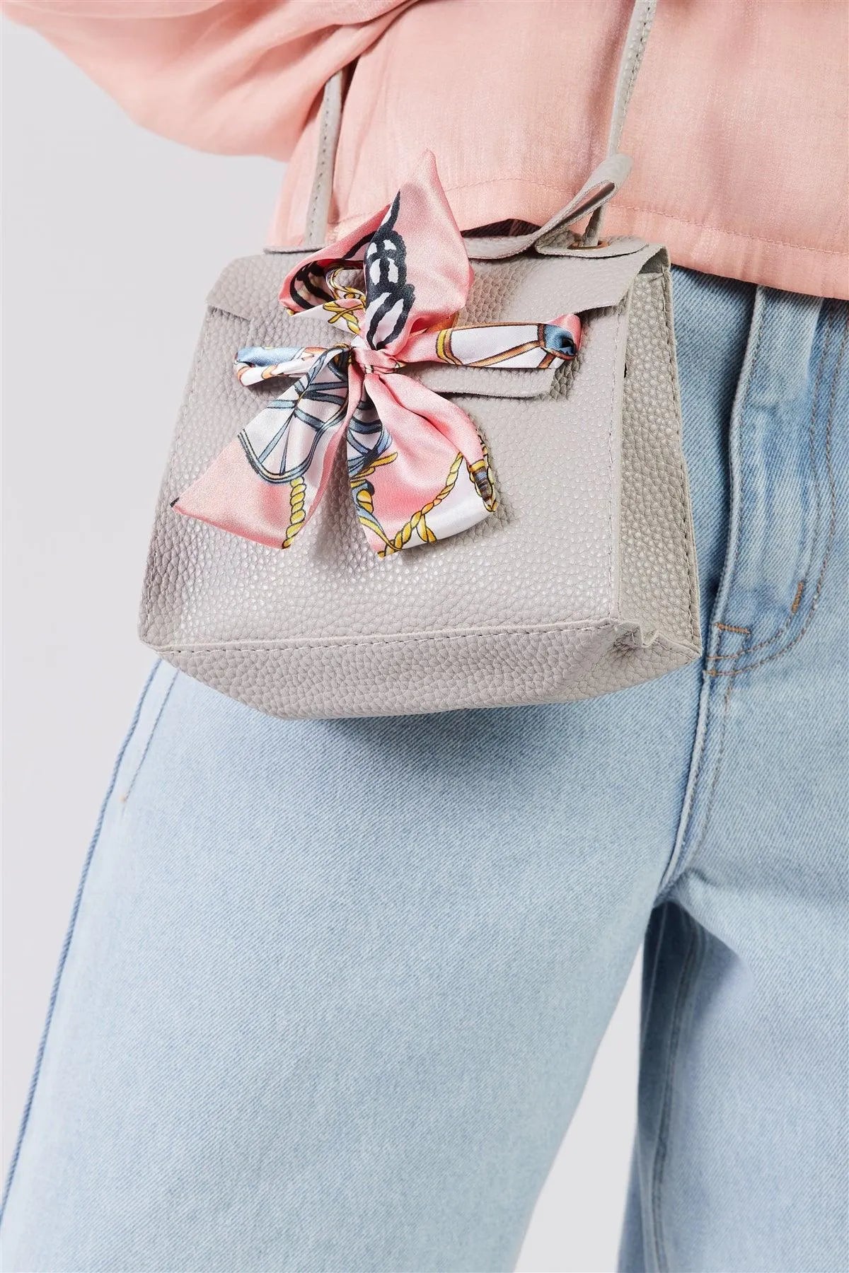 Grey Textured Pleather Satin Printed Twilly Scarf Detail Flap Satchel Handbag /3 Bags - Tasha Apparel Wholesale