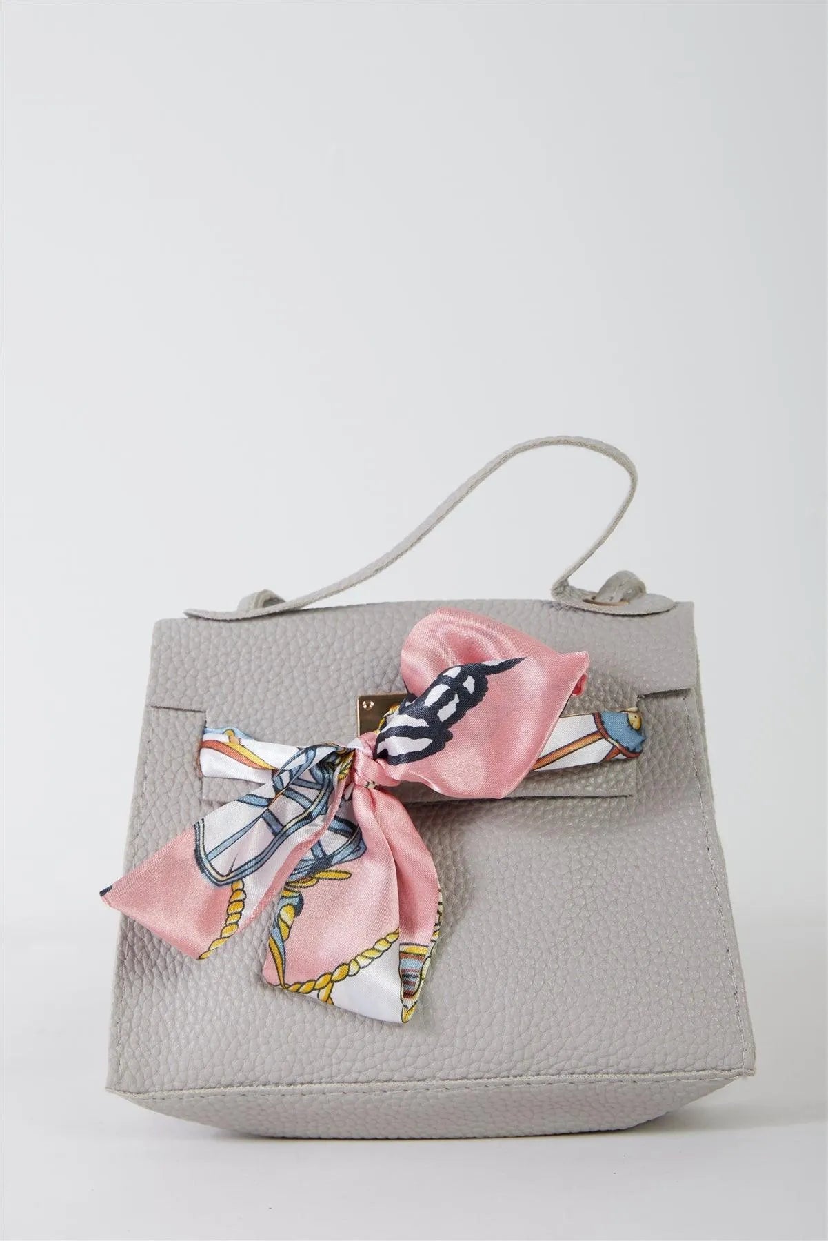 Grey Textured Pleather Satin Printed Twilly Scarf Detail Flap Satchel Handbag /3 Bags - Tasha Apparel Wholesale