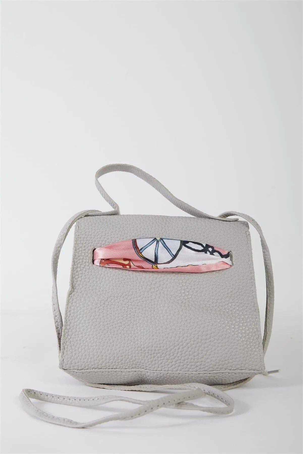 Grey Textured Pleather Satin Printed Twilly Scarf Detail Flap Satchel Handbag /3 Bags - Tasha Apparel Wholesale