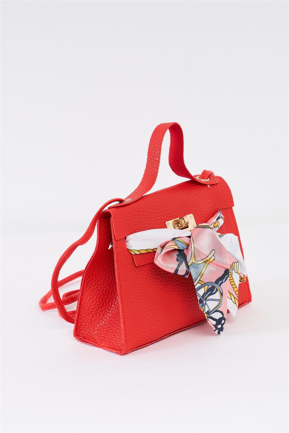 Red Textured Pleather Satin Printed Twilly Scarf Detail Flap Satchel Handbag /3 Bags