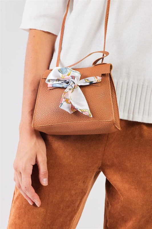 Camel Satin Printed Twilly Scarf Flap Satchel Handbag - Tasha Apparel Wholesale