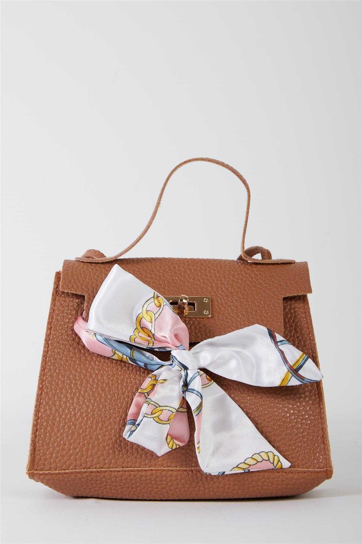 Camel Textured Pleather Satin Printed Twilly Scarf Detail Flap Satchel Handbag /3 Bags