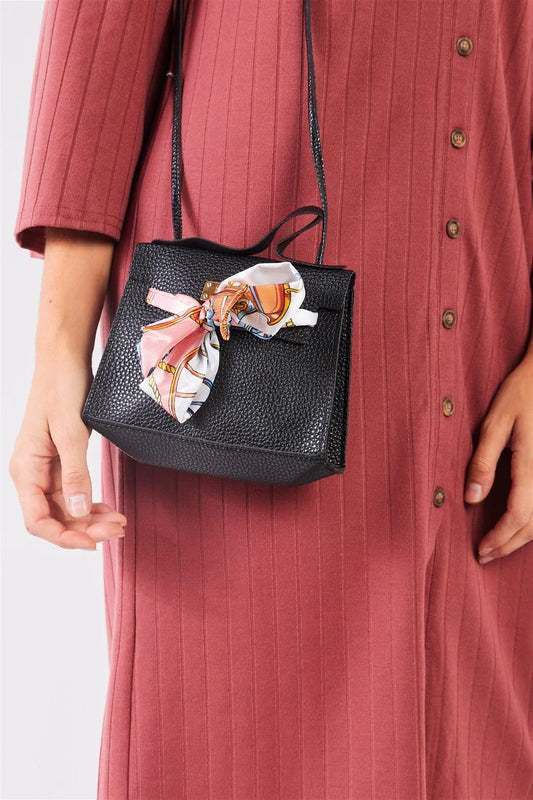 Black Satin Printed Twilly Scarf Flap Satchel Handbag - Tasha Apparel Wholesale