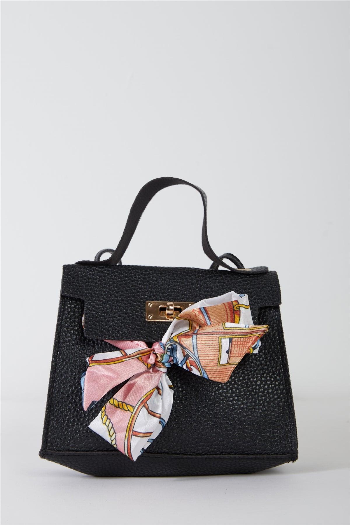Black Textured Pleather Satin Printed Twilly Scarf Detail Flap Satchel Handbag /3 Bags