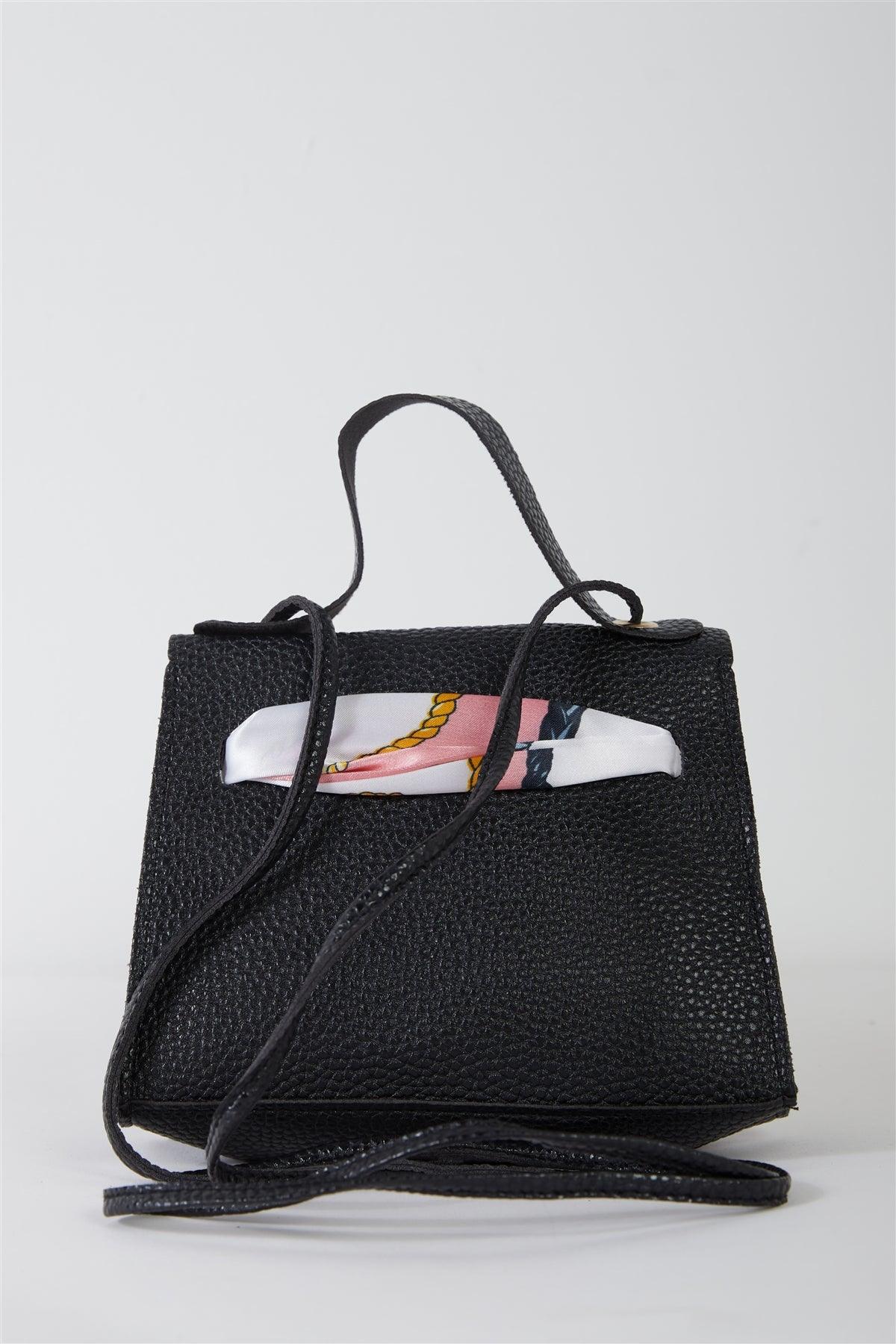 Black Textured Pleather Satin Printed Twilly Scarf Detail Flap Satchel Handbag /3 Bags