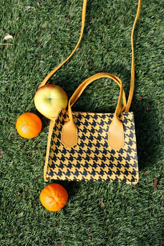 Black & Yellow Houndstooth Print Two Handles Small Handbag /3 Bags