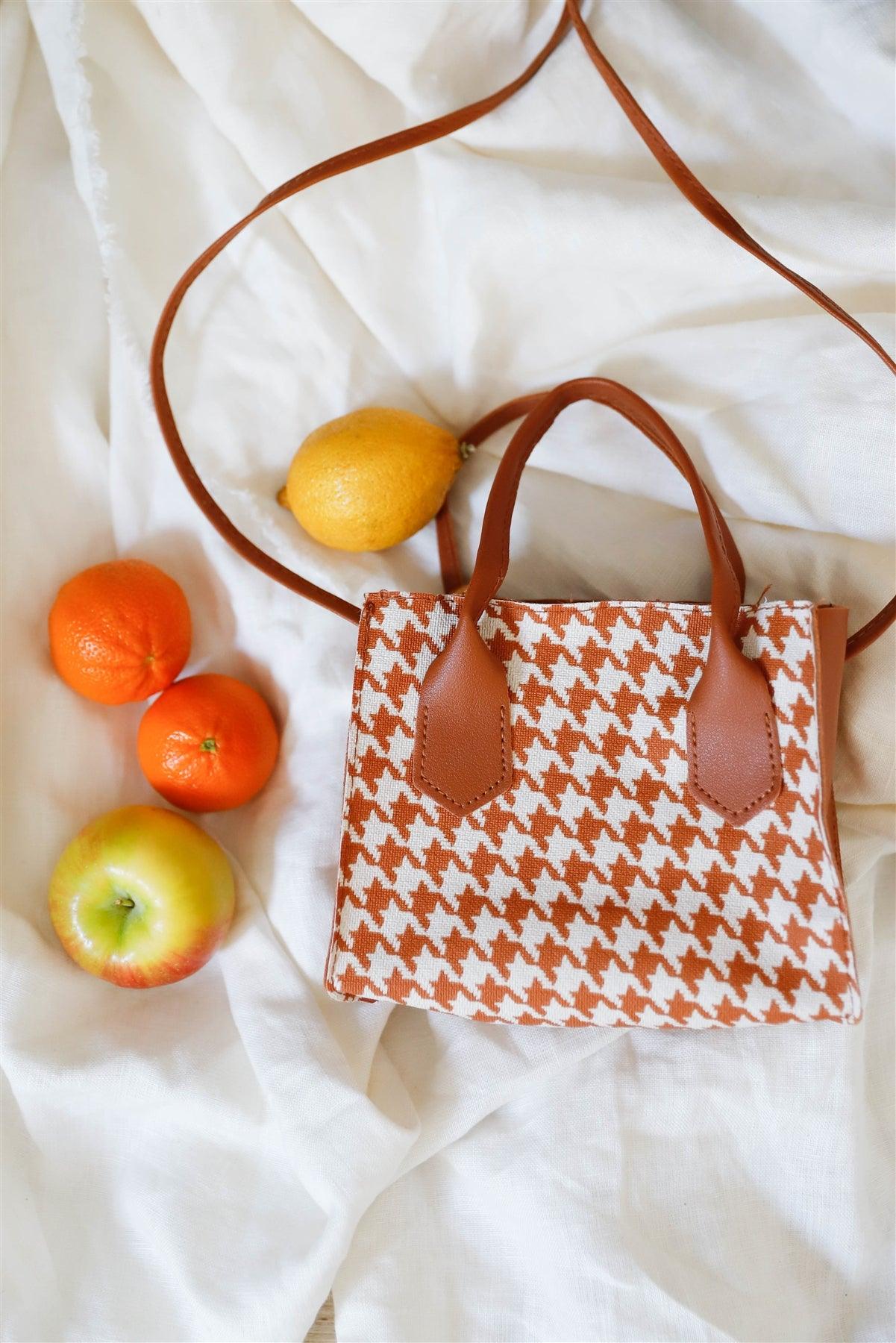 Brown & White Houndstooth Print Two Handles Small Handbag /3 Bags