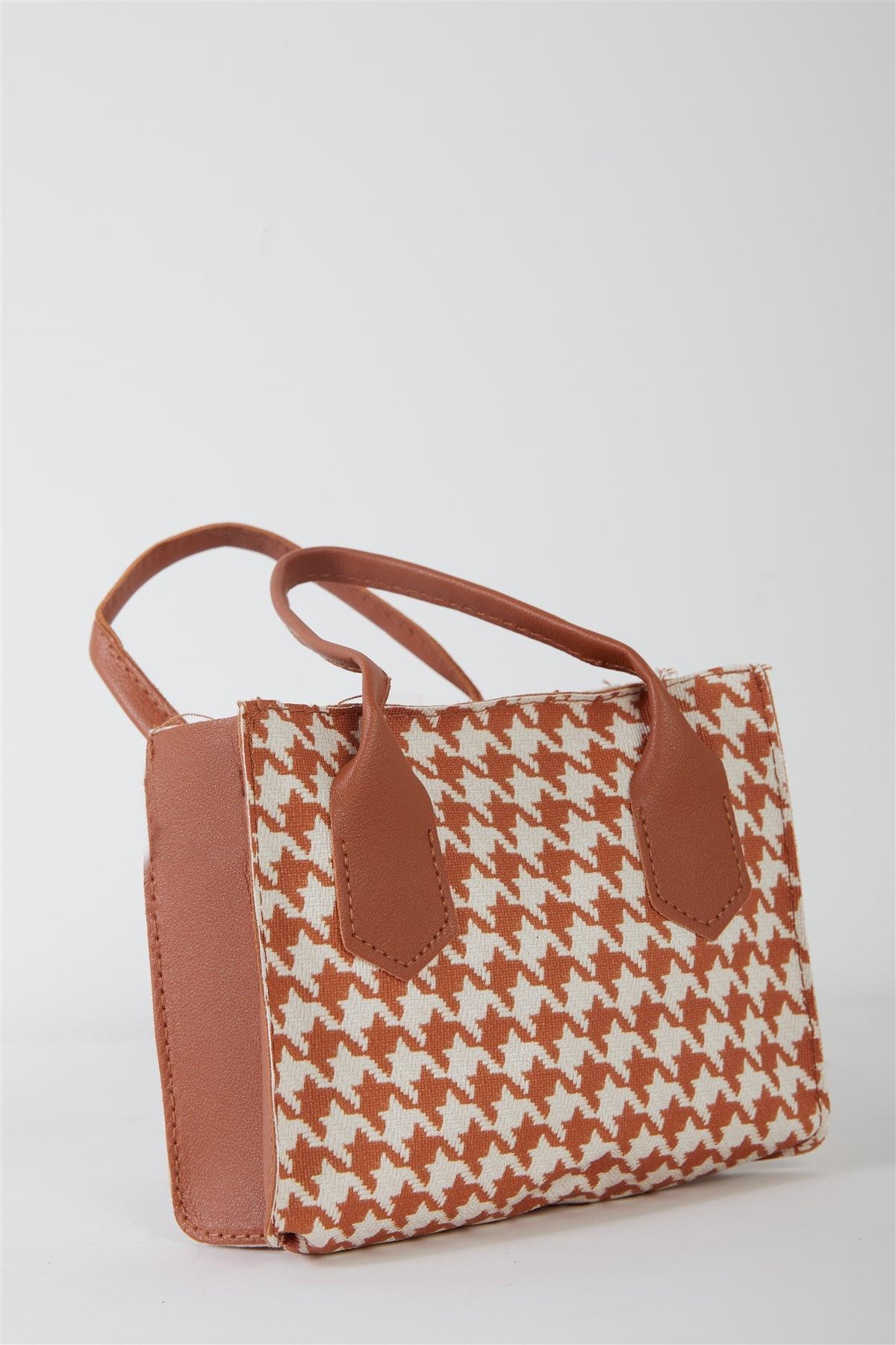 Brown & White Houndstooth Print Two Handles Small Handbag /3 Bags