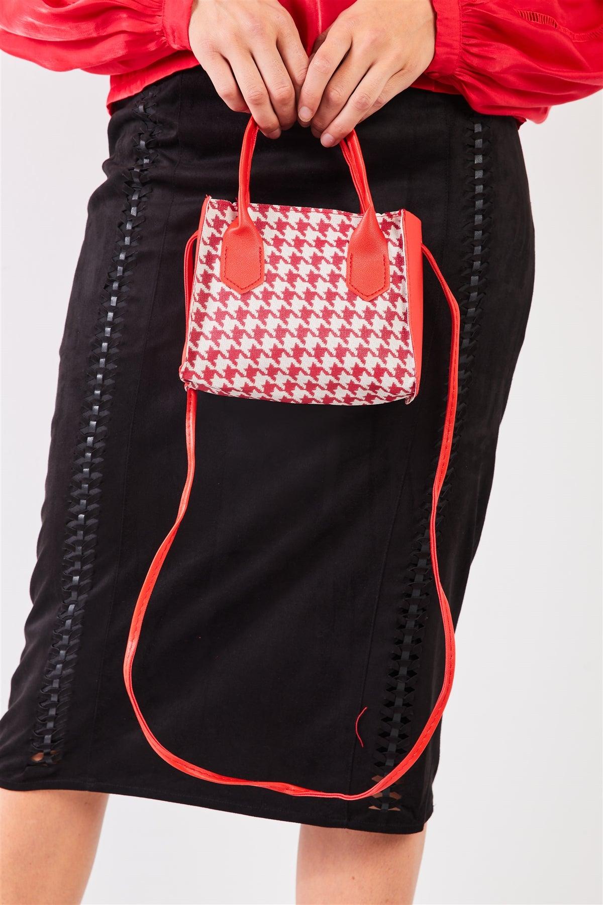 Red & White Houndstooth Print Two Handles Small Handbag /3 Bags