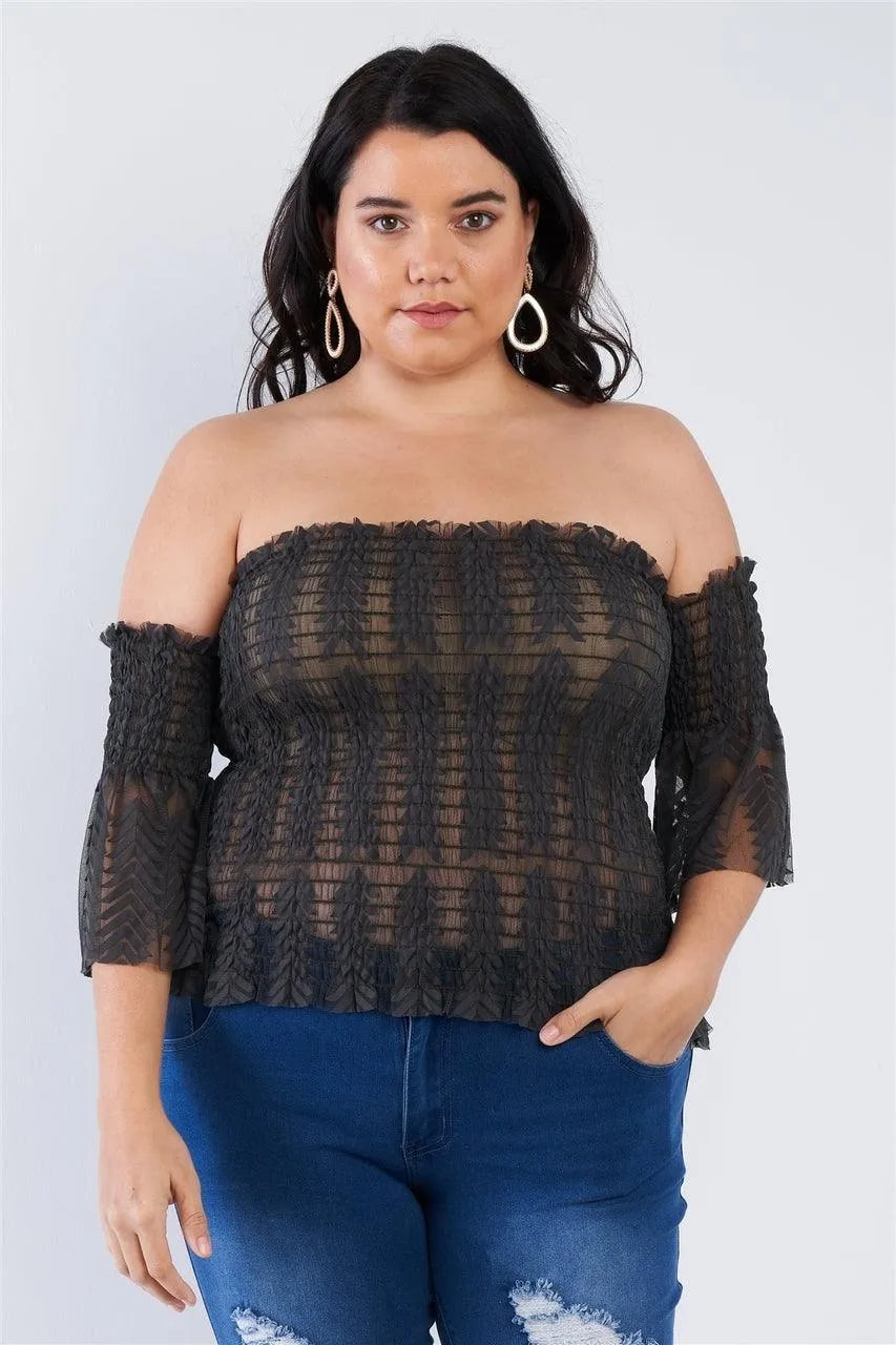 Plus Size Dark Off The Shoulder See Through Top - Tasha Apparel Wholesale