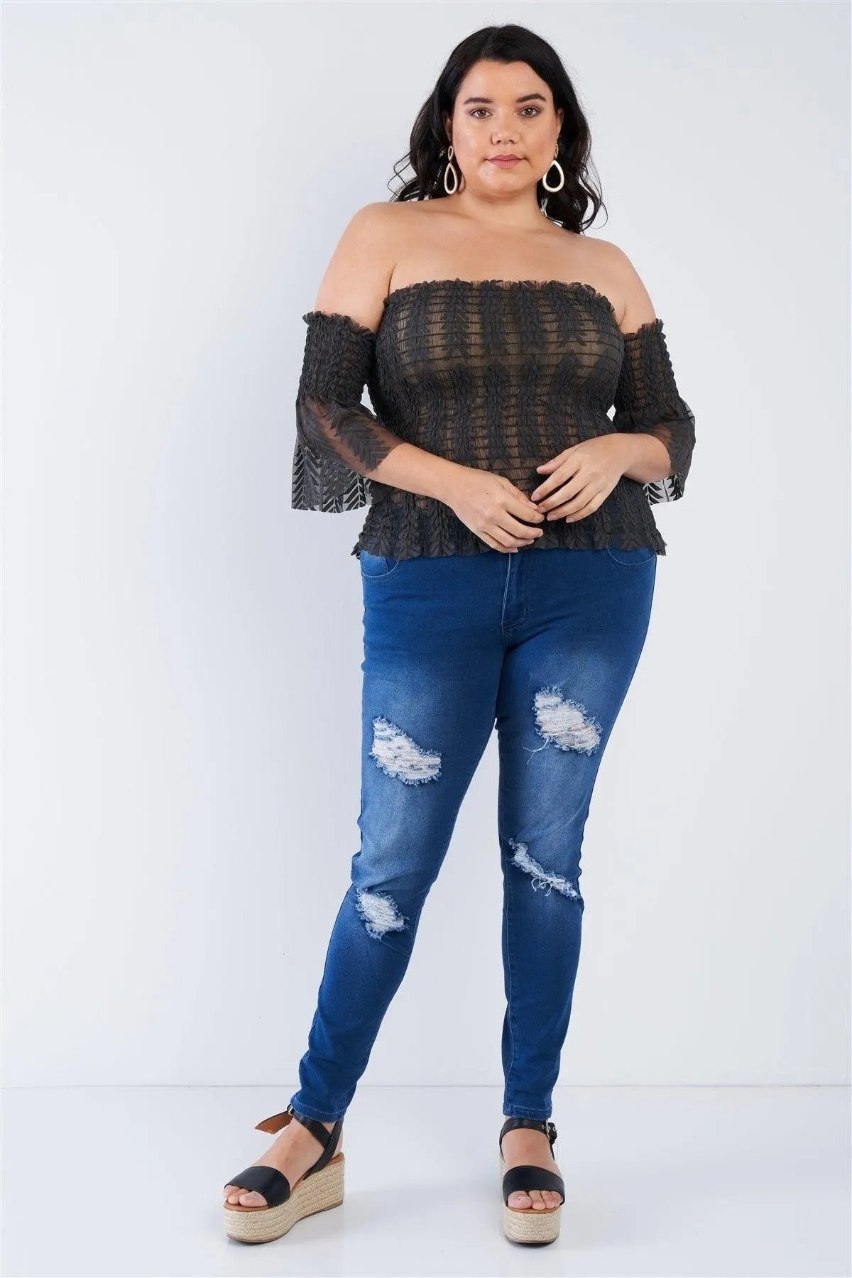Plus Size Dark Off The Shoulder See Through Top - Tasha Apparel Wholesale