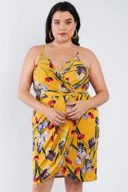 Junior Plus Size Mustard Floral Surplice Tulip Mini Dress /2-2-2 - Tasha Apparel Wholesale