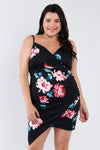 Junior Plus Size Black Floral Print V-Neck Cinched Size Chic Mini Dress /2-2
