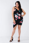 Junior Plus Size Black Floral Print V-Neck Cinched Size Chic Mini Dress /2-2-2 - Tasha Apparel Wholesale