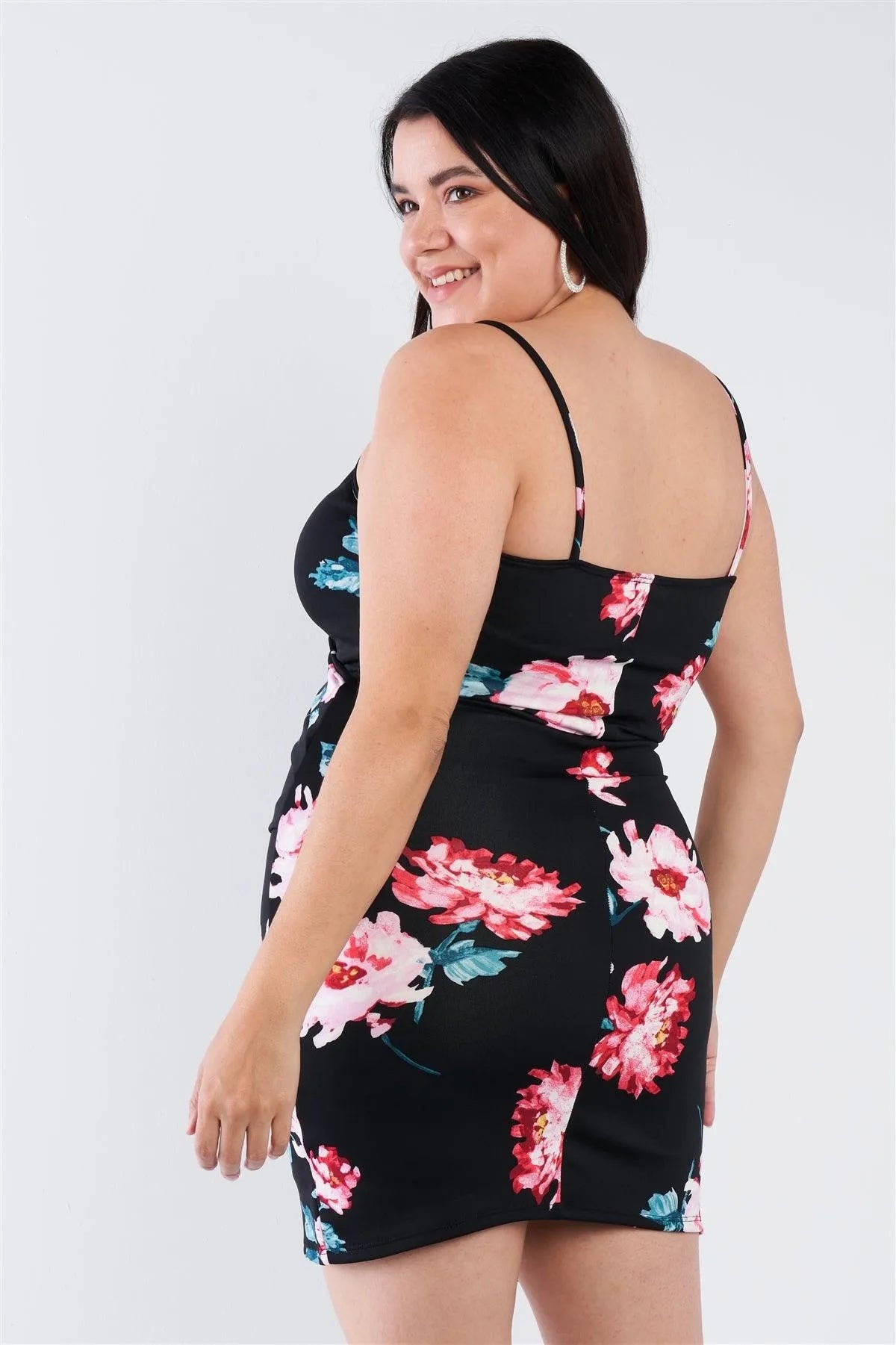Junior Plus Size Black Floral Print V-Neck Cinched Size Chic Mini Dress /2-2-2 - Tasha Apparel Wholesale
