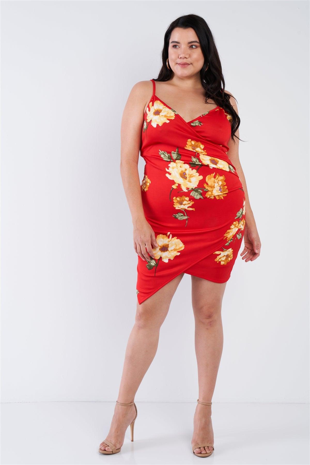 Junior Plus Size Red Floral Print V-Neck Cinched Size Chic Mini Dress  /2-2-2