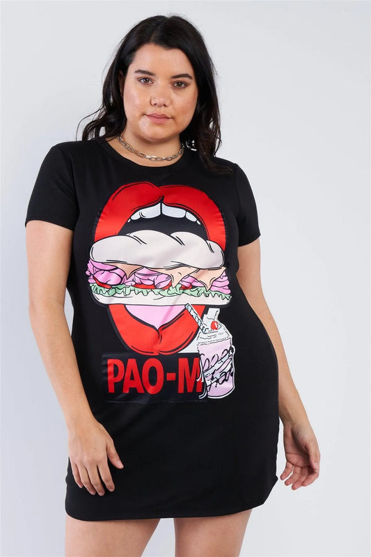 Junior Plus Size Black Graphic T-shirt Dress /1-1-2 - Tasha Apparel Wholesale