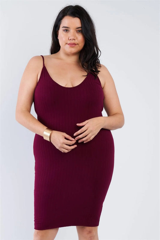 Junior Plus Size Burgundy Ribbed Solid Cami Mini Dress /2-2-2 - Tasha Apparel Wholesale